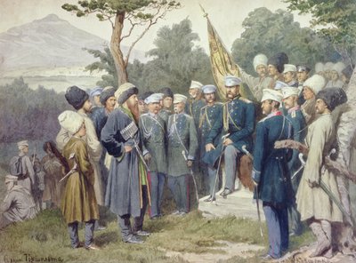 Der kaukasische Führer Schamil (ca. 1798-1871) kapituliert vor Graf Baryatinsky im Jahr 1859, 1880 von Aleksei Danilovich Kivshenko